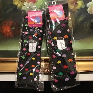 2 NWT Hwa Yu Women Hearts and Polka Dots KNEE HIGH Thigh High Socks 9-11